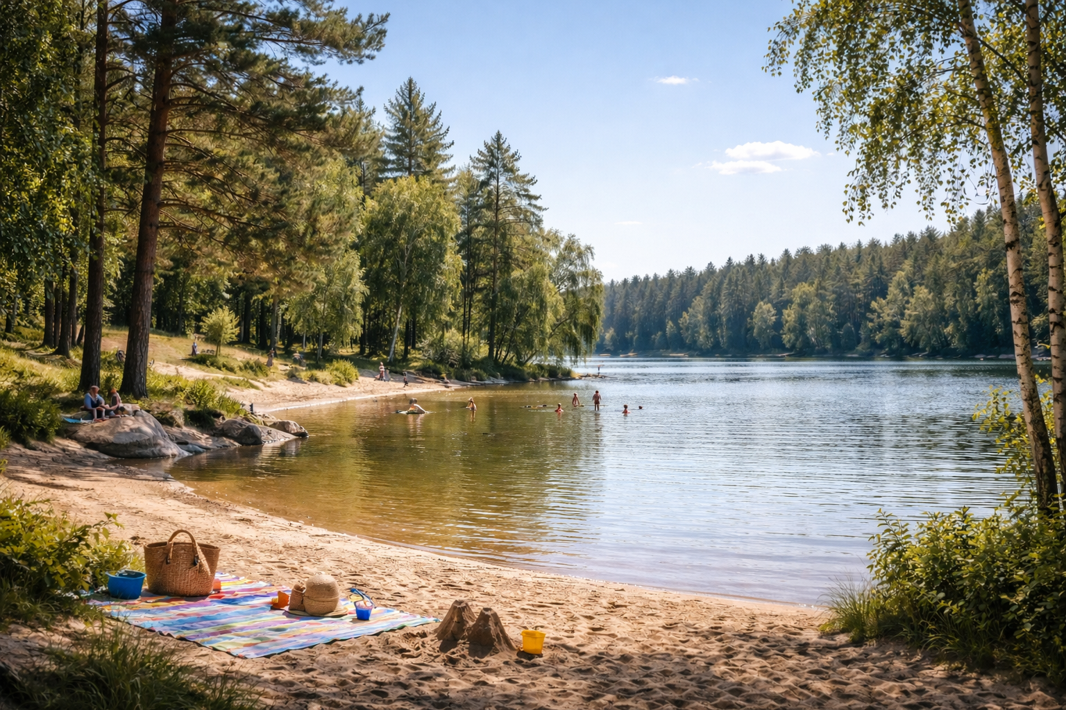 Långgrund strand i lugn vik med möjlighet att bada. Perfekt plats för EasyTrail handikappbad.